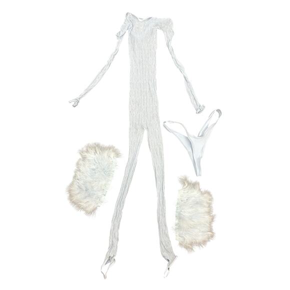 Poster Girl Trophy Sheer Lace Jumpsuit Thong Feather Cuffs Set Sexy Blue Size L - Picture 2 of 6